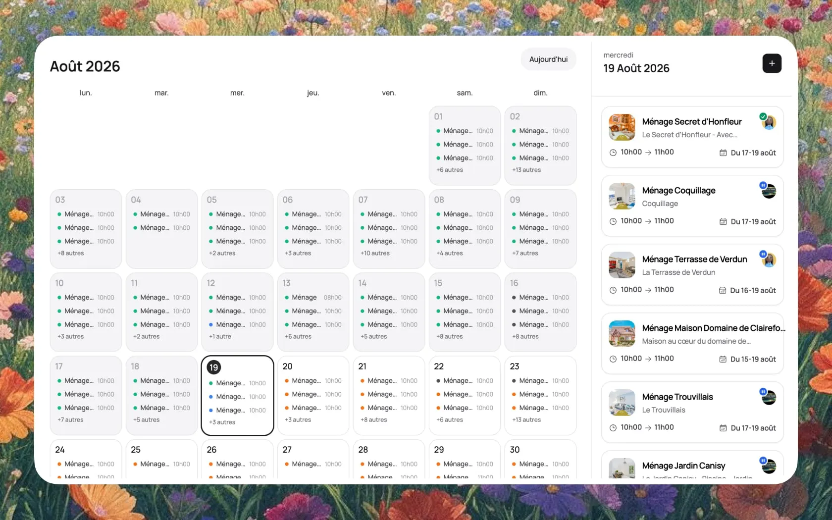 Calendrier des interventions : les ménages jour par jour sur le mois, et le détail du jour choisi avec l’horaire, le logement et l’agent assigné.