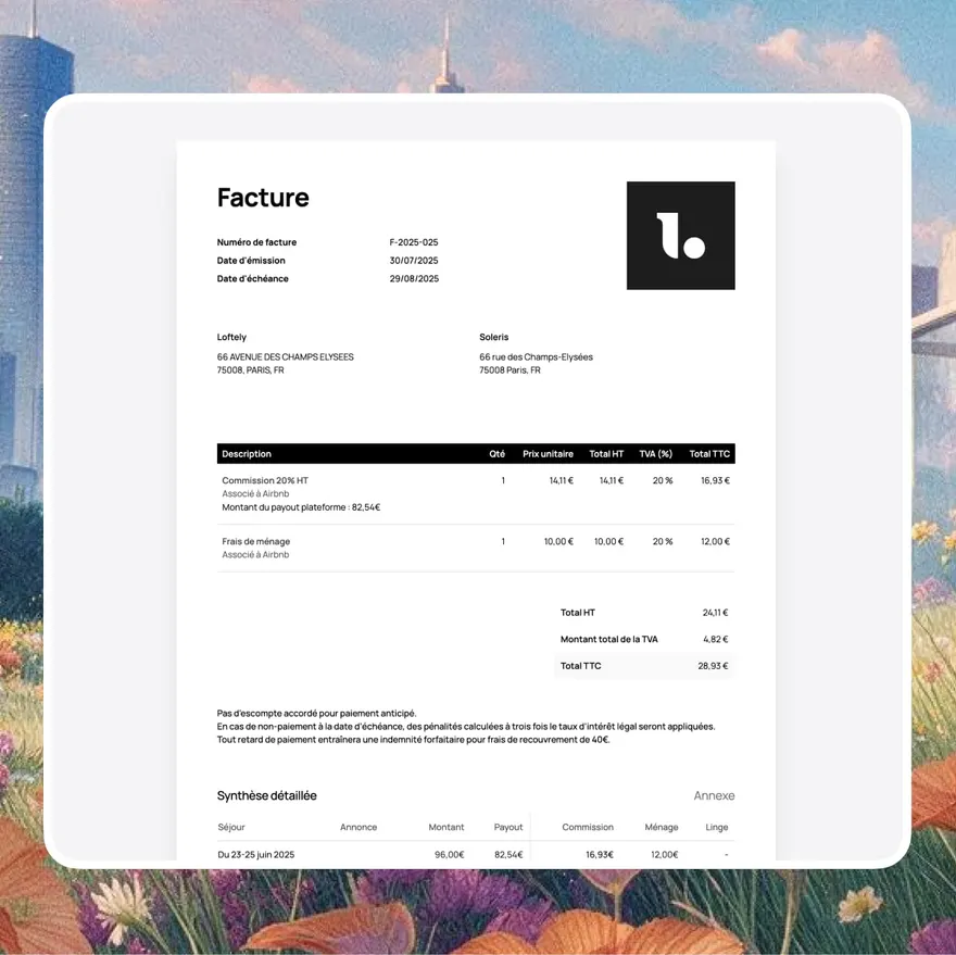 Une facture propriétaire : la commission calculée sur le versement de la plateforme, les frais de ménage, les totaux hors taxes et toutes taxes, et l’annexe qui détaille chaque séjour du mois.