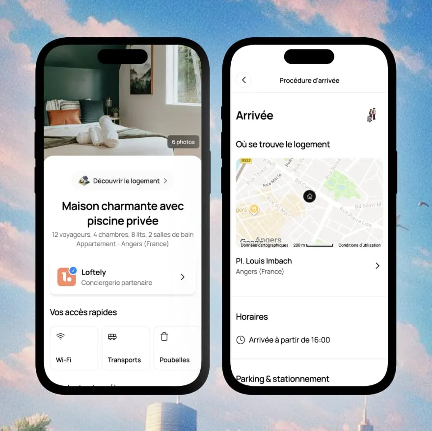 Le livret d’accueil sur téléphone : la fiche du logement avec ses accès rapides wifi, transports et poubelles, et la procédure d’arrivée avec le plan, l’adresse et l’heure d’arrivée.
