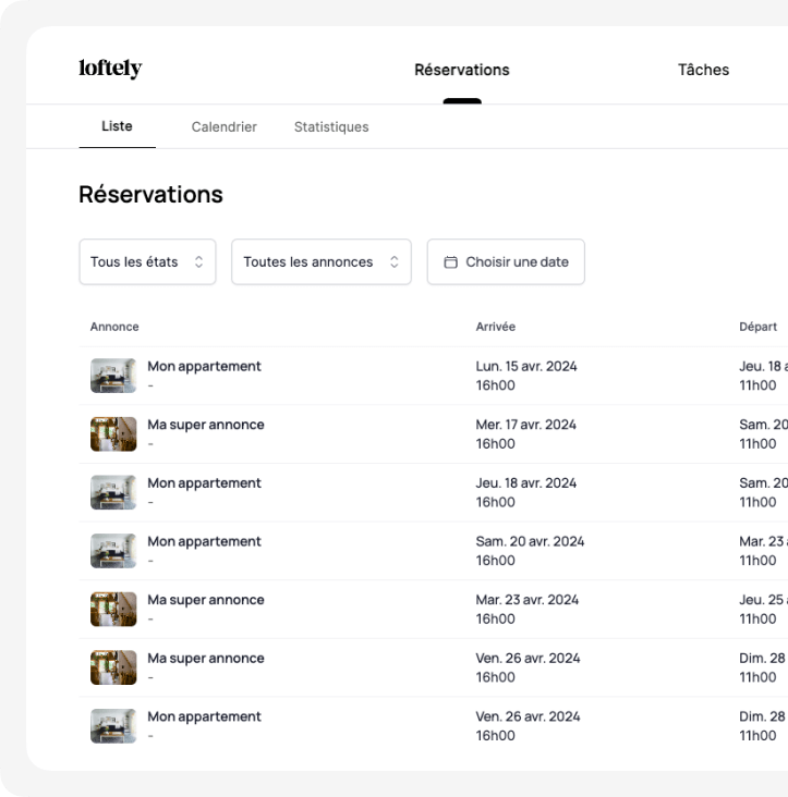 Capture d'écran du logiciel de gestion de conciergerie Loftely